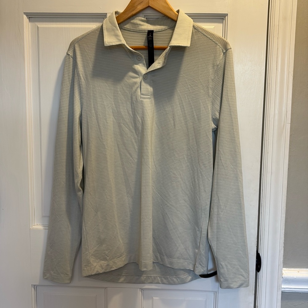Lululemon Men's Evolution Gray Striped Polo long sleeve Shirt Size S